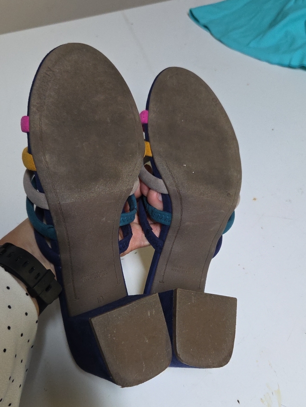 Sz 9 Old Navy Multicolor Strappy Block Heel Sandals - Navy,Pink, Mustard, Teal - Picture 4 of 6